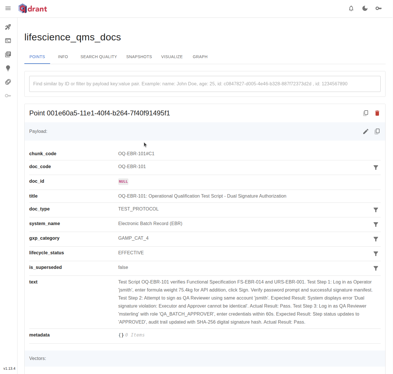 Qdrant dashboard showing the lifescience_qms_docs collection with dense and sparse named vectors